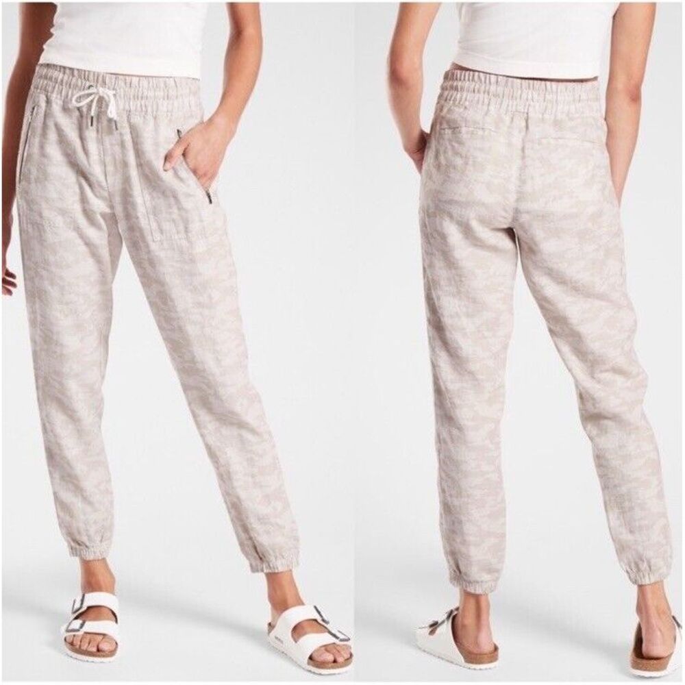 Athleta Cabo Tide 100% Linen Jogger Neutral Camo Size 10 Pull On‎ 2020